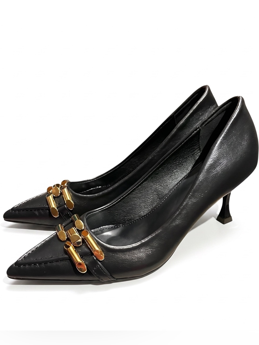 Black Pointed Toe Dress Pumps Gold Accent Faux Leather New